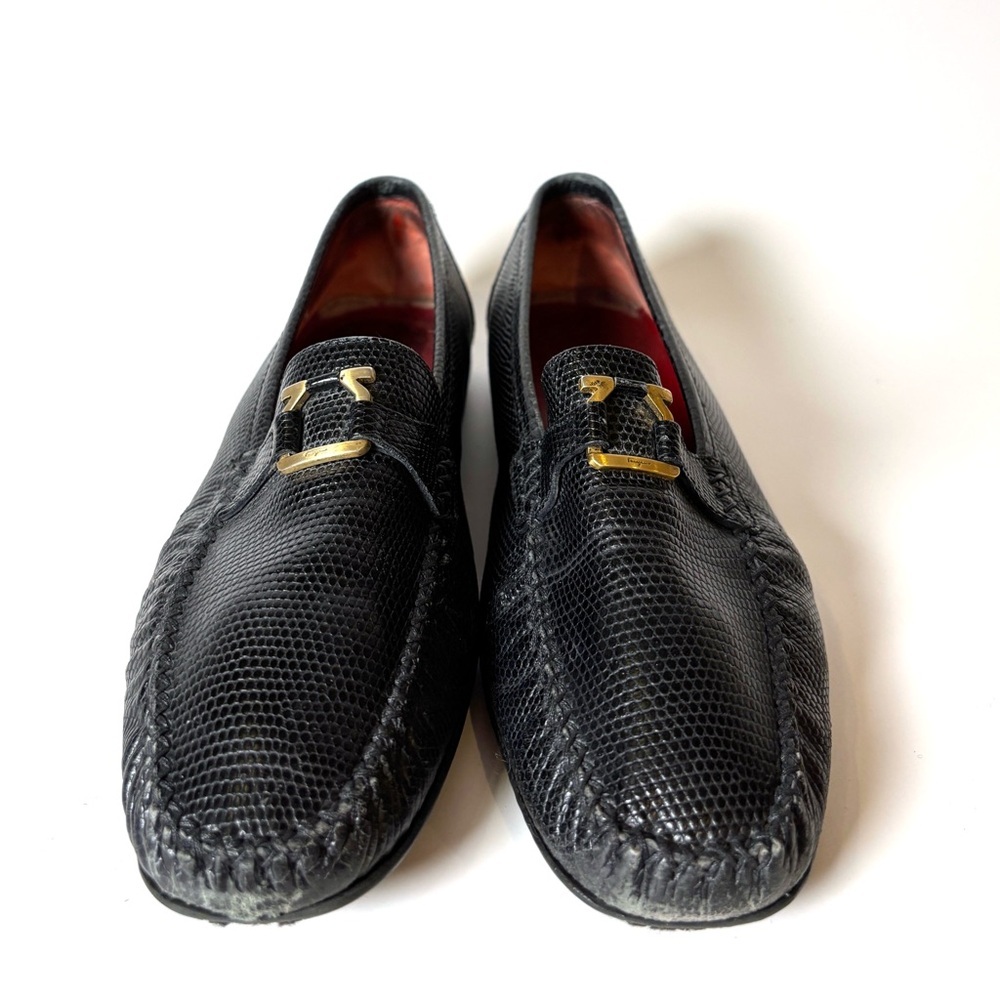 Salvatore Ferragamo Black Lizard Loafers – Gold Gancini, Italian Design size 6.5